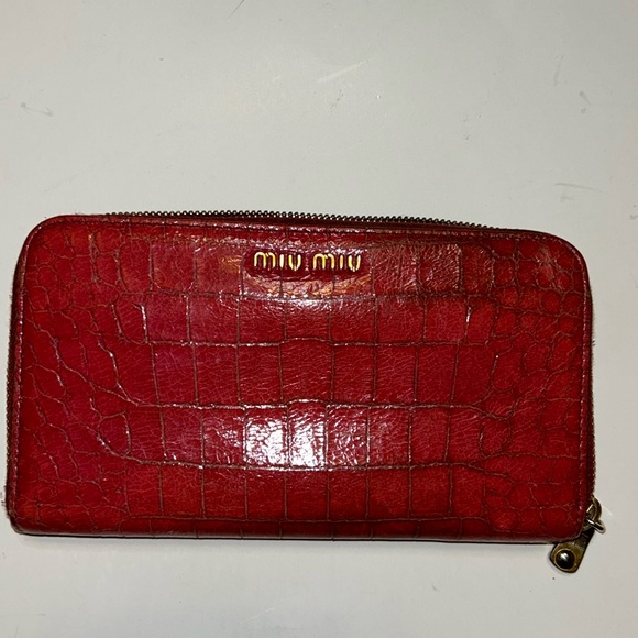 Miu Miu Handbags - Miu Miu Red Croc-Embossed Zip Wallet